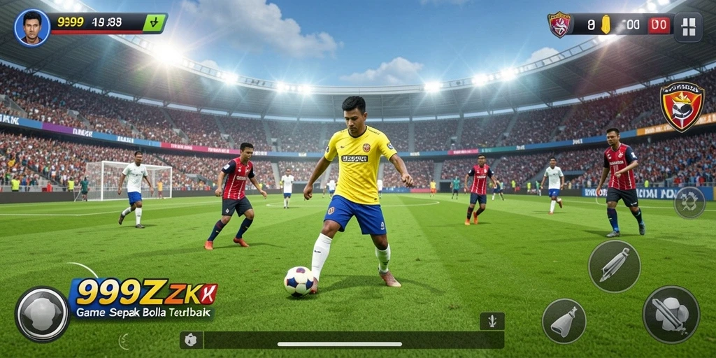Screenshot gameplay 999ZK menunjukkan aksi mendebarkan di lapangan sepak bola.