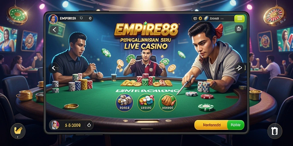 Screenshot utama EMPIRE88 menampilkan dealer langsung dan suasana kasino.