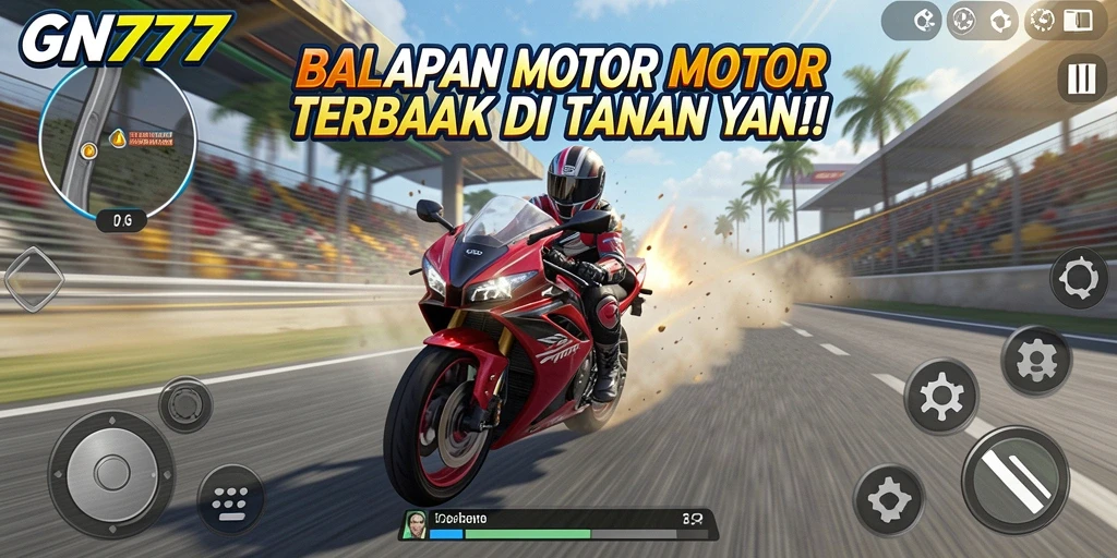 Screenshot gameplay GN777 menunjukkan balapan motor yang intens.